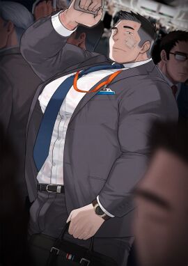 1boy 5boys absol_(dkqthf) bandaid bandaid_on_face bara black_eyes black_hair blurry_background blurry_foreground breasts briefcase bruise bruise_on_face business_suit crowded daddy depth_of_field dilf erect_nipples erect_nipples_under_clothes fully_clothed gay handles hi_res light_skin looking_at_viewer male male_breasts male_only male_with_breasts maou_abusorun mature_male meat_toilet name_tag necktie neutral_expression nipples oppai original original_character pale_skin paradise pecs sanpaku shaved_side short_hair small_pupils spiky_hair standing suit thick train train_interior translucent_clothing wet_clothes white_shirt wristwatch yaoi