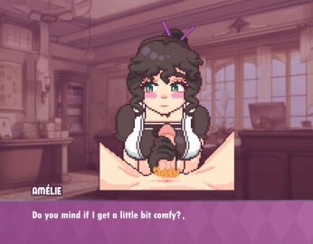 1boy 1girls amélie_(cosplay_house) blush blush_stickers blushing bodily_fluids breasts cosplay_house cum cum_on_face cumshot ejaculation english_text facial fade_in fade_out female female_focus hand_on_penis handjob male nipples penis pixel_animation pixel_art pixeldottod semen text unseen_male_face