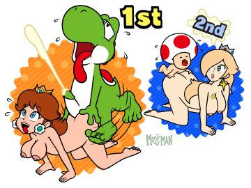2boys 2girls accurate_art_style all_fours artstyle_imitation blonde_hair breasts brown_hair crown cum cumshot dinosaur doggy_style ejaculation female green_skin green_yoshi human interspecies male male/female mario_(series) mario_party nintendo nipples nude nude_female open_mouth penis princess princess_daisy princess_rosalina super_mario_bros. the_moss-man toad_(mario) yoshi