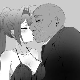 black_dress blush breasts closed_eyes commission cuckold cute_face fat_male female in_love kissing male manga mind_break mind_control netorare original original_character pressing_breasts_together skru suit