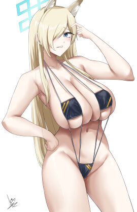 1girls animal_ears big_breasts bikini blonde_hair blue_archive blue_eye blush breasts cleavage eyepatch_bikini fangs female female_only hair_over_one_eye halo hand_on_hip ibara_azuki_(azk_ibr2nd) kanna_(blue_archive) large_breasts light-skinned_female light_skin long_hair looking_at_viewer navel one_eye_obstructed public public_peace_bureau_(blue_archive) sharp_teeth simple_background solo swimsuit valkyrie_police_school_student white_background