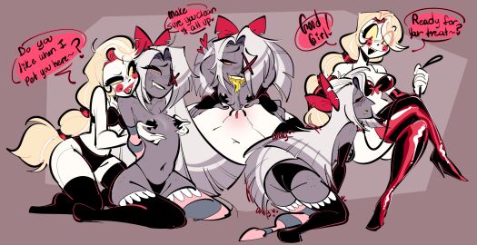 after_cunnilingus after_oral after_vaginal bileshroom blonde_hair bra breast_play breasts charlie_morningstar_(hazbin_hotel) clothing crossed_legs cunnilingus demon dialogue dominant_female dominatrix dommy_mommy duo english_text fanart female female/female femdom femsub genitals hair happy_sub hazbin_hotel hi_res kneeling latex leash legwear lesbian lesbian_couple lesbian_domination lesbian_kiss lesbian_sex lesbians oral pasties praise pussy sex sketch_page speech_bubble submissive_female text thigh_highs thong underwear vaggie_(hazbin_hotel) vaginal_penetration white_body yuri