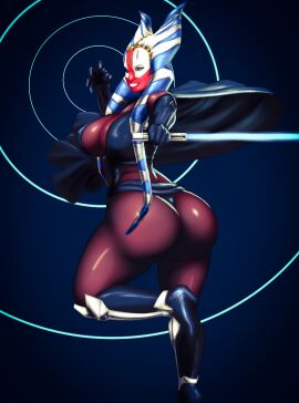 1girls ass blue_lightsaber breasts buttocks cape female female_only head_ornament high_heels lightsaber lingerie lingerie_only motherly red_skin shaak_ti solo solo_female spiral_background star_wars tagme thong togruta voluptuous voluptuous_female white_lips