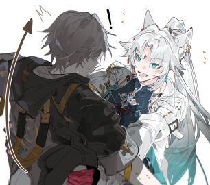 blue_eyes caelus_(honkai:_star_rail) carrying carrying_another carrying_partner cloth clothed clothes clothing feixiao_(honkai:_star_rail) female fox fox_ears fox_girl gloves grey_hair honkai:_star_rail honkai_(series) hoyoverse jacket larger_female magnolia29 male nervous smaller_male stronger_female sweatdrop taller_female trailblazer_(honkai:_star_rail) white_hair