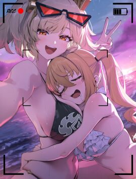 2girls :d bangs bare_shoulders battery_indicator beach bikini black_bikini blonde_hair blush breasts burnice_white cleavage closed_eyes crossed_bangs drooling eyewear_on_head female frilled_bikini frills hair_between_eyes hair_ornament highres hug large_breasts long_hair looking_at_viewer luciana_de_montefio medium_breasts model_request multiple_females multiple_girls navel ocean open_mouth orange_eyes outdoors recording red_eyes saliva sky smile stomach sunglasses sunset swimsuit teeth twintails upper_body upper_teeth v viewfinder wet white_bikini yuneillusts yuri zenless_zone_zero