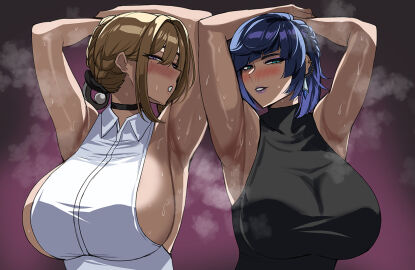 2girls armpits arms_up bare_arms bare_shoulders black_choker blonde_hair blue_hair blush breasts choker commentary diagonal_bangs drogod_(artist) evelyn_chevalier female genshin_impact green_eyes hella_p huge_breasts looking_at_viewer multiple_females multiple_girls parted_lips presenting_armpit sideboob smell smile steam sweat symbol-only_commentary upper_body yelan_(genshin_impact) zenless_zone_zero