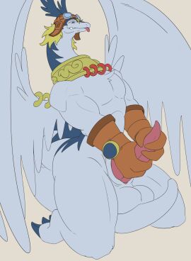 anthro balls balls_resting_on_tail clothed clothing dragon genitals gloves gripping_penis hair handwear hi_res kneeling legendz male muscular mythological_creature mythological_scalie mythology partially_clothed presenting scalie shiron slit_penis solo tongue tongue_out unassumingbee wind_dragon wings