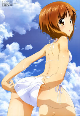 10s :o absurd_res adjusting_clothes adjusting_swimsuit ass barefoot bikini blush brown_eyes brown_hair cloud cowboy_shot day feet female female_focus from_behind girls_und_panzer highres legs looking_at_viewer looking_back matching_hair/eyes megami_magazine nishizumi_miho official_art orange_eyes orange_hair scan schoolgirl short_hair side-tie_bikini_bottom sky solo standing swimsuit trefoil wet white_bikini yoshida_kousuke