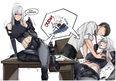 abs ak-15_(girls'_frontline) breaking breast_grab breasts clothed clothes clothing commander_(girls'_frontline) female flirting girls'_frontline groping groping_breasts larger_female male matsu_arts muscular muscular_female seductive shorter_male smaller_male table taller_female teasing tie_pull weapons white_hair