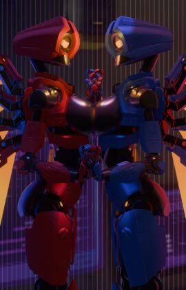 1_eye 2girls 3d ass big_breasts black_body breasts busty female holding_hands mechanical_wings plumpkinstem pressing_breasts_together robot robot_girl robot_humanoid ultrakill v1_(ultrakill) v2_(ultrakill) wings yellow_eyes