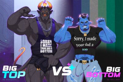 2boys bara biceps black_skin blue_skin bottom_(sexual_preference) bulge chain_necklace chains claw_pose clothes_writing colored_skin covered_penis crotch_grab dad_shirt demon demon_boy demon_horns demon_tail denim english_text facial_hair flaccid gay_male_pride_flag gay_male_pride_flag_gradient glowing glowing_eyes goatee gradient_horns gradient_tail horns huge_pectorals jeans jewelry large_pectorals looking_at_viewer male male_focus male_only mature_male midriff_peek monster_boy moustache multicolored_horns multiple_boys multiple_males muscular muscular_male necklace nipple_slip nipples nose_piercing nose_ring original pants pectorals pencil_mustache penis penis_peek penis_piercing piercing pointing pointing_at_self quuynart singlet skin-covered_horns tail top_(sexual_preference) torn_clothes torn_pants v-taper vs yaoi