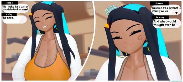 1girls 3d alternate_breast_size breasts cleavage dark-skinned_female dark_skin english_text female female_only freckles huge_breasts human koikashura koikatsu nessa_(pokemon) pokemon pokemon_ss solo tagme text