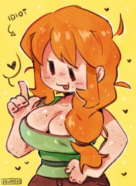 1girls 2024 :p alex_(minecraft) artist_name big_breasts big_penis blush breasts cleavage clothed clothing cute_face dumb_face english_text female freckles freckles_everywhere freckles_on_breasts fully_clothed funny green_shirt hand_on_hip heart heart_symbol huge_breasts kawooshy long_hair male microsoft minecraft mojang orange_hair penis ponytails sfw simple_background solo solo_female solo_focus tagme text tongue tongue_out uneven_eyes yellow_background