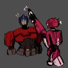 bayhem_films blue_eyes blush boyfriend-girlfriend di_bonaventura_pictures elita-1 elita-one faceless_female female hasbro leg_kabedon legs_up new_republic_pictures one optimus_prime orion_pax paramount_animation paramount_pictures standing straight transformers transformers_one