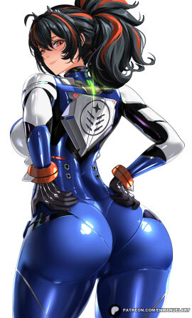 ass black_gloves black_hair blue_bodysuit blue_clothing blush bodysuit bracelet breasts cameltoe closed_mouth enma_(enmanuelart) enmanuelart20 female from_behind gloves highres jewelry jpeg large_breasts latex latex_suit long_hair looking_at_viewer metal_hairband multicolored_hair neon_genesis_evangelion pilot_suit plugsuit ponytail pussy red_eyes red_hair smile solo streaked_hair thighs white_background zenless_zone_zero zhu_yuan