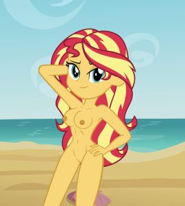 accurate_art_style areolae arm_behind_head bare_shoulders beach belly_button breasts casual completely_nude equestria_girls female hand_on_hip hasbro human looking_at_viewer my_little_pony nipples nude nudist nudity pale_skin pose pussy smiling_at_viewer solo_female sunset_shimmer vagina vulva