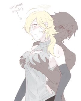 1boy 1girls ahoge angel angel_girl angel_wings armpits blonde_hair blush breast_grab breast_squeeze breasts cigarette cleavage cleavage_cutout colored_skin feathered_wings female fumus funamusea genderswap genderswap_(mtf) grabbed_from_behind grabbing_from_behind grey_sweater hair_over_one_eye halo hiuchiru large_breasts long_hair male partially_colored red_eyes rule_63 short_hair simple_background sweat sweatdrop sweater taffy_(funamusea) virgin_killer_sweater white_background white_skin white_wings wings