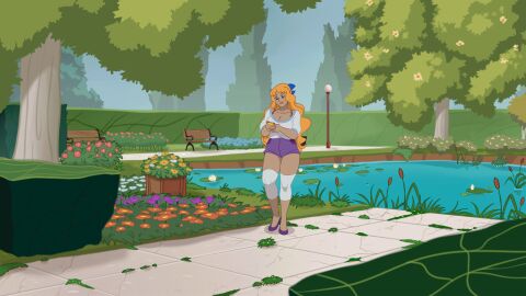 animated big_ass big_breasts blonde_hair blue_eyes breasts discreenvision female game_cg inusen long_hair park phone ribbon rita_(discreenvision) shorts the_secret_of_the_house thick_thighs