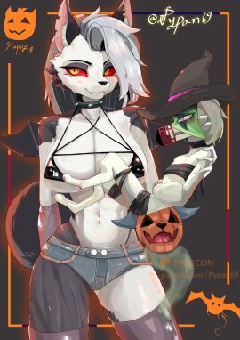 absurd_res anthro bikini bottomwear breasts canid canid_demon canine clothed clothing collar demon digital_media_(artwork) duo ear_piercing felid feline female feral fur generation_9_pokemon green_body hair halloween hellhound helluva_boss hi_res holidays hotpants legwear loona_(helluva_boss) male male/female mammal meowscarada mythological_canine mythological_creature mythology navel navel_piercing nintendo piercing pokemon pokemon_(species) pypan69 red_sclera shorts stockings swimwear tail two-piece_swimsuit white_body white_fur wings