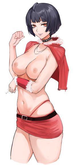 armwear belt big_breasts blue_hair blue_lipstick breasts breasts_out brown_eyes choker christmas christmas_outfit cigarette huge_breasts miniskirt necklace nero_watch nipples panties persona_5 tae_takemi thick thick_thighs thighs