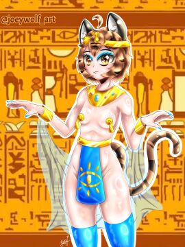 1girls blue_eyeshadow blue_nail_polish blue_nails blue_stockings brown_eyes brown_hair egyptian egyptian_clothes egyptian_clothing egyptian_female flat_chest flat_chested gold_(metal) gold_jewelry happy_sex joey_wolf luna_(joey_wolf) semi_clothed semi_nude sexy_clothing short_hair small_breasts solo stockings suggestive suggestive_look tiger_ears tiger_girl tiger_tail tigergirl
