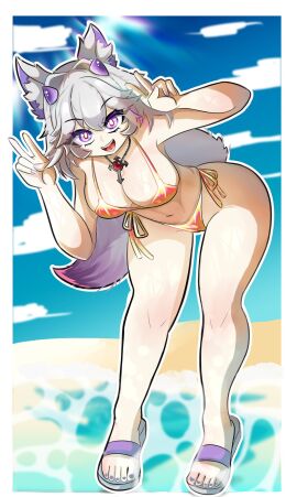 animal_ears animal_tail big_ass big_breasts big_butt big_thighs big_titties bikini breasts clothing commission curvaceous curvaceous_female curvaceous_figure curvy curvy_figure curvy_hips female female_focus female_only long_hair original original_character vacachikita white_hair