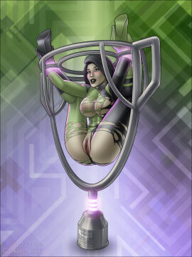 bondage bound breasts disney disney_channel female female_only femsub green_skin hairless_pussy high-heeled_jill high_heels kim_possible large_breasts legs_up light-skinned_female light_skin living_trophy pussy restrained shego solo stationary_restraints steel_bondage torn_clothes villainess