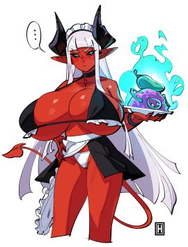 ... 1girls aqua_eyes big_breasts black_sclera breasts choker demon demon_girl demon_horns demon_tail female female_only food hi_res holding_plate horns huge_breasts long_hair looking_at_viewer lyla_(thehelmetguy) maid maid_outfit panties plate pointy_ears red_skin revealing_clothes solo tail thehelmetguy unamused white_background white_hair
