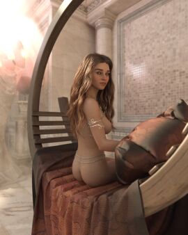 1girls 3d ass belly_chain boobs breasts brown_eyes brown_hair chain_jewelry female female_only harem_girl jewelry large_breasts looking_at_viewer looking_back looking_back_at_viewer original original_character reignof-darkness slave slave_girl solo solo_female