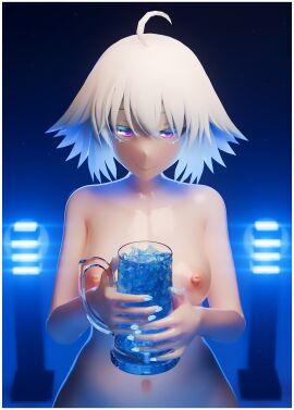 1girls 3d ahoge artist_name artist_signature bare_arms bare_breasts bare_shoulders big_breasts blender blender3d blender_(artwork) blender_(software) blender_cycles blue_cum blue_hair blue_nails blurry_background breasts breasts_out chest cum cum_in_container cum_in_glass cum_in_mug depth_of_field fanart fate/apocrypha fate/grand_order fate_(series) female female_only glowing_eyes light-skinned_female multicolored_hair nervous_smile nipple_bulge nipples oiled_skin purple_eyes realkansen shiny_breasts shiny_skin solo tits_out white_body white_hair white_skin
