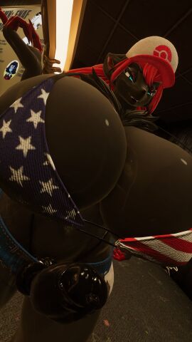 1futa 3d american_flag_bikini anthro big_penis bikini black_body black_fur breasts canid canine_penis close-up furry futanari hat huge_breasts intersex knot knotted_penis penis pokemon pokemon_(species) shorts sloppydragons solo tagme vrchat zoroark