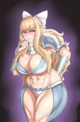 1girls abs accessory armor armpits belly belly_button big_breasts bikini biting_finger blonde_hair blue_eyes bow breasts charlotte_(fire_emblem) clothed clothing eyebrows eyelashes eyeshadow female female_focus female_only fire_emblem fire_emblem_fates gauntlets hi_res high_resolution highres linkxs milf muscular muscular_female solo solo_female solo_focus spikes thick_thighs toned toned_abs toned_female toned_thighs voluptuous voluptuous_female wide_hips