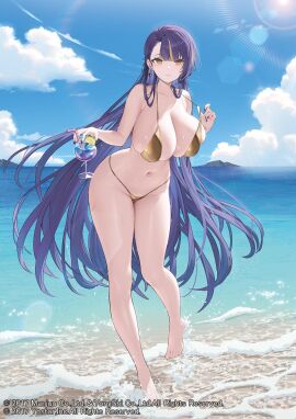 artist_request azur_lane bare_legs barefoot beach bikini blonde_hair blue_hair blue_sky blush breasts cg cleavage closed_mouth cloud cocktail_glass collarbone cup day drink drinking_glass earrings female full_body gold_bikini holding holding_cup huge_breasts jewelry large_breasts leaning_forward lemon_slice lens_flare long_hair looking_at_viewer multicolored_hair nail_polish navel ocean official_art outdoors purple_hair sky smile solo standing stomach strap_pull streaked_hair string_bikini swimsuit thighs toes trafalgar_(azur_lane) trafalgar_(sea_breeze_moonlit_talks)_(azur_lane) very_long_hair water wet yellow_bikini yellow_eyes