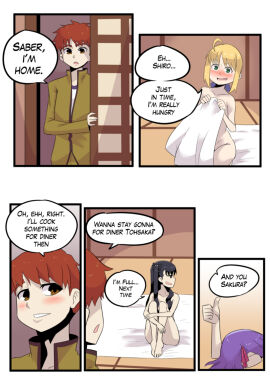 1boy 3girls after_sex artoria_pendragon blush brown_eyes clothed_male clueless_male comic emiya_shirou english_text exhausted_female fate/hollow_ataraxia fate/kaleid_liner_prisma_illya fate/stay_night fate_(series) female futanari intersex looking_away male matou_sakura multiple_females multiple_girls nude nude_female nude_female_clothed_male nude_futa orange_hair rin_tohsaka saber saber_(fate) sakura_matou text thumbs_up tohsaka_rin ukaya_masaru ukaya_masaru_mx white_blanket