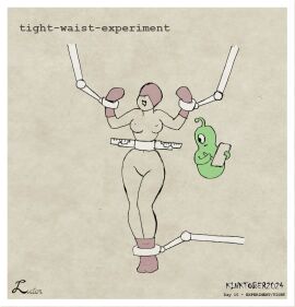 alien blindfolded bondage bondage_mittens bound bound_hands female femsub hood hooded kinktober line_art luctem mechanical_fixation mittens open_mouth_hood partially_colored png simple_background small_waist text tiny_waist