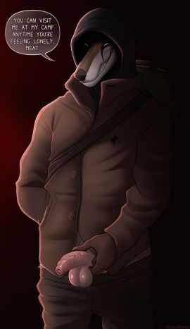 1boy anthro backpack balls ballsack canine claws coat conditional_dnp darkwood dialogue foreskin furry holding_own_penis hood human_penis male masonparker offering offering_sex offering_to_viewer penis penis_out penis_out_of_pants sharp_claws sharp_nails sharp_teeth simple_background smiling snout solo solo_focus solo_male speech_bubble testicles uncircumcised uncircumcised_penis wolfman_(darkwood)