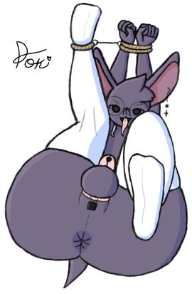 absurd_res anthro anus ass bat big_butt big_ears bondage bound chastity_cage chastity_device clothing ear_piercing ear_ring eyewear feet glasses hi_res legwear lock male mammal piercing poki_(pokipose) pokipose presenting presenting_hindquarters purple_body ring_piercing rope solo tail thigh_highs tongue tongue_out