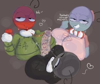 1boy 3girls big_breasts blushcrunch_studio bobette_(dandy's_world) boobjob breasts breasts_bigger_than_head cum cum_on_body dandy's_world dialogue lipstick lipstick_mark lipstick_on_penis multiple_girls ornament ornaments precum rainbow_party roblox saliva_on_penis saliva_trail self_upload shirt solo007_(artist) sweater