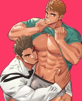 2boys bara bare_pectorals boxers_(clothing) bulge gay gay_male large_pectorals male male_focus male_only muscular muscular_male original original_character pectorals short_hair thick_eyebrows yaoi youchi123