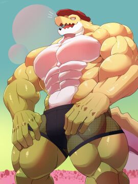 1boy abs anthro big_pecs bulge candy clothing cowboy cowboy_hat crocodile crocodilian crocodylid dessert detailed_bulge featureless_chest food food_creature genital_outline glitch_productions gummigoo_(the_amazing_digital_circus) gummy_(food) gummy_creature hat headgear headwear hi_res jockstrap living_candy male male_only mostly_nude mostly_nude_male muscular muscular_male open_mouth pecs penis penis_outline reptile scalie skimpy solo tail the_amazing_digital_circus tongue topless underwear yellow_body