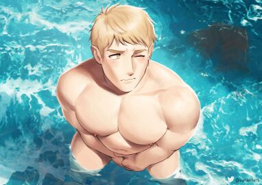 bara biceps blonde_hair delicious_in_dungeon dungeon_meshi laios_touden male male_nipples male_only muscular muscular_male nipples no_visible_genitalia nude pecs varantart wardrobe_malfunction wet yaoi