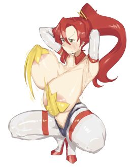 1girls areola areola_slip areolae armpits arms_up bangs bangs_between_eyes blush blush_lines bouncing_breasts breasts breasts_bigger_than_head chopsticks chopsticks_in_hair detached_sleeves female female_pubic_hair hair_ribbon high_heels highleg huge_breasts inverted_bunnysuit large_breasts latex_clothing latex_gloves latex_legwear latex_thighhighs leebongchun legs_apart long_breasts long_gloves motion_lines nipple_bulge nipples nipples_visible_through_clothing pasties ponytail pubes pubic_hair pubic_hair_peek red_collar red_hair shiny_breasts shiny_skin sidelocks solo space_yoko spread_legs squatting star_pasties swaying swaying_breasts sweat sweatdrop sweating swinging swinging_breasts tengen_toppa_gurren_lagann thick thick_thighs thighhighs white_sleeves yellow_eyes yellow_pasties yoko_littner