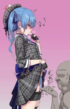 1-4-6-5 1boy absurdres artist_request bald beret bike_shorts bike_shorts_pull blue_choker blue_hair blue_nails blue_panties bracelet choker clitoral_stimulation clitoris clothes_lift dark-skinned_male dark_skin female finger_to_mouth fingering fingering_through_clothes from_side gloves grey_hat hair_ribbon hat highres hololive hololive_gen_0 hololive_japan hoshimachi_suisei jacket jewelry lifting_own_clothes male nail_polish panties partially_fingerless_gloves plaid_clothes plaid_hat plaid_jacket pussy ribbon side_ponytail simple_background skirt skirt_lift star_(symbol) star_bracelet star_choker straight sweat through_clothes trembling underwear virtual_youtuber