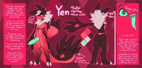 absurd_res anthro ass balls big_hands big_penis biped coffaebeans digital_media_(artwork) english_text eyeliner femboy fur generation_6_pokemon genitals glowing glowing_eyes glowing_tongue hi_res huge_hands knot legendary_pokemon makeup male model_sheet nintendo penis pokemon pokemon_(species) ribbed_penis segmented_penis smile standing tail text tongue yen_(coffaebeans) yveltal