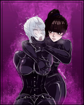 2girls bag_over_head bodysuit bondage breasts breath_play breathplay crossover enumapneumansfw eve_(stellar_blade) female female_only fondling groping heavy_breathing latex latex_armwear latex_bodysuit latex_boots latex_breasts latex_clothing latex_gloves latex_legwear latex_skin latex_skinsuit latex_stockings latex_suit latex_thigh_highs latex_thighhighs multiple_females multiple_girls nier:_automata nier_(series) plastic_bag stellar_blade suffocation teasing yorha_2b yuri