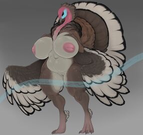 absurd_res anthro areola avian beak big_breasts bird breasts feathers female galliform genitals hi_res khemmmis nipples non-mammal_breasts nude phasianid pussy simple_background solo thick_thighs turkey vulva wings