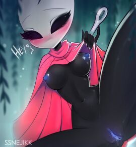 1girls anthro areola ass big_thighs breasts bug bug_girl butt cloak cloak_only dialogue erect_nipples female female_focus female_only hollow_knight hollow_knight:_silksong hornet_(hollow_knight) huge_thighs insect_girl insectoid insects looking_at_viewer medium_breasts nipples pussy shiny shiny_skin ssnejikk text thick_thighs thighs
