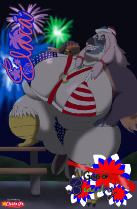 accipitrid accipitriform alythewolfcat american_flag_bikini anthro avian big_breasts bikini bird breasts burger carl's_jr. clothing container dracothedragonite eagle elara_(draco_mightyena) female flag_bikini food hi_res huge_breasts hyper hyper_breasts jewelry magazine_page necklace overweight overweight_female philippine_eagle pinup pose rose_hair sitting solo sponsored swimwear two-piece_swimsuit wide_hips