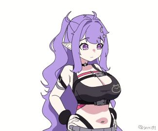 1girls animated belly_button bouncing_breasts breasts cleavage clothed clothing eepy_sleepy elf elf_ears elf_female female female_only funny huge_breasts light-skinned_female light_skin ouch phase_connect phase_invaders_quest pointy_ears purple_eyes purple_hair seori091 solo virtual_youtuber wardrobe_malfunction