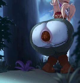 anus ass ass_focus bent_over big_ass big_butt blonde_hair blush bodily_fluids bottomwear clenched_teeth clothing constipation fangs feces female female_only genitals gritted_teeth hair humanoid humanoid_pointy_ears kids_gamera league_of_legends looking_at_viewer looking_back low-angle_view poppy purple_eyes pussy riot_games scat shit solo straining sweat tagme teeth tencent thick_thighs torn_bottomwear torn_clothing trembling twintails_(hairstyle) uncensored video wide_hips yordle yuta_agc